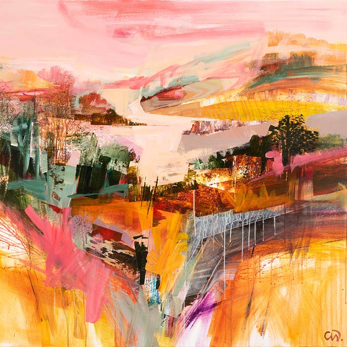 Celia Wilkinson abstracted landscape painting with figures